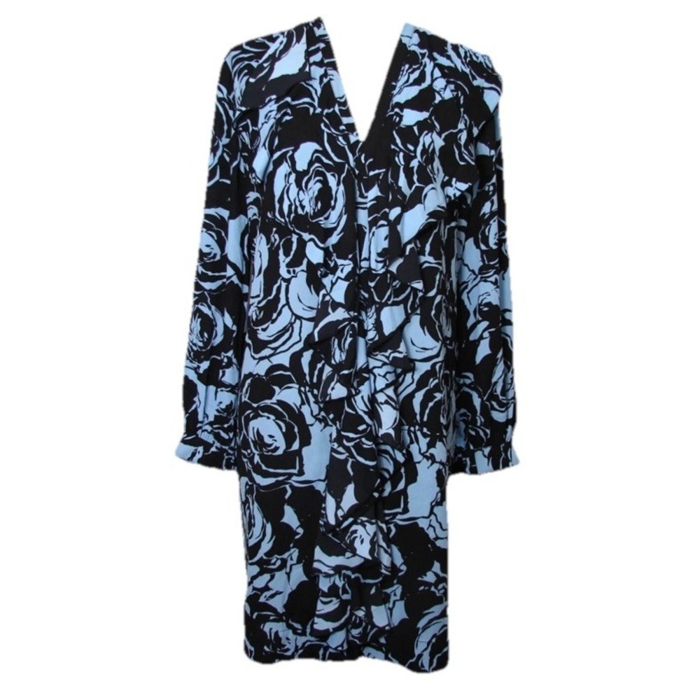 New Chico's Black Label Ruffle Dress In Blue Print Floral Size Medium MSRP $188